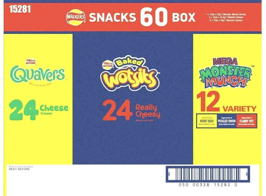 Walkers Crisps Snack Variety Box - Wotsits, Quavers & Monster Munch - Box of 60