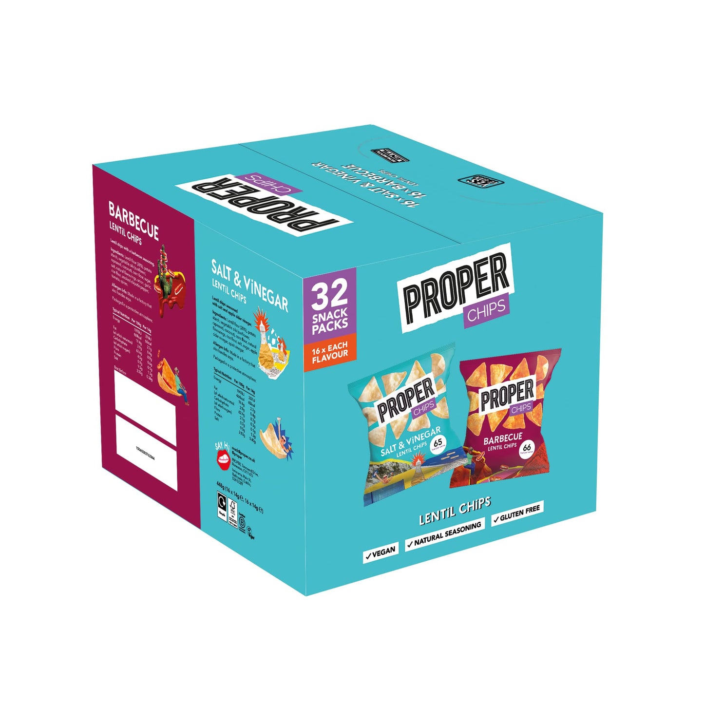 PROPER - Multipack Box, Barbecue and Salt & Vinegar Lentil Chips 32 X 14g (16 bags of each flavour)