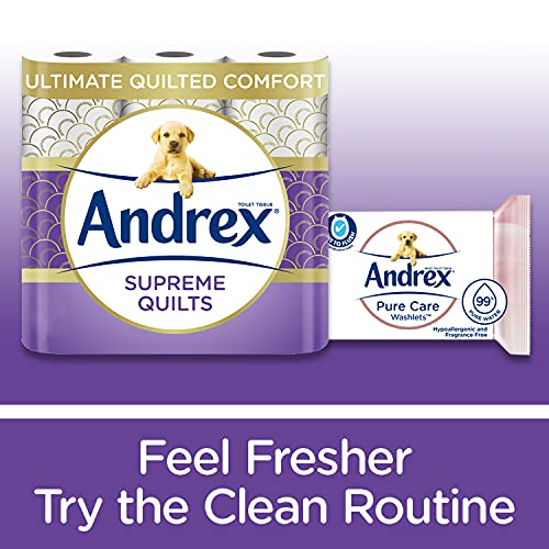 Andrex Supreme Quilts Quilted Toilet Paper - 16 Toilet Roll Pack - 25% Thicker Than Before to Provide Ultimate Quilted Comfort with Unique Air Pocket Texture